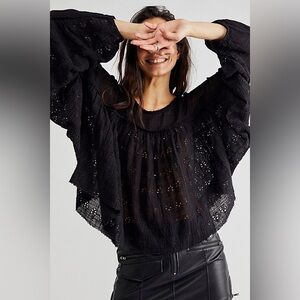 Free People Black Eyelet black embroidered cotton dobby top